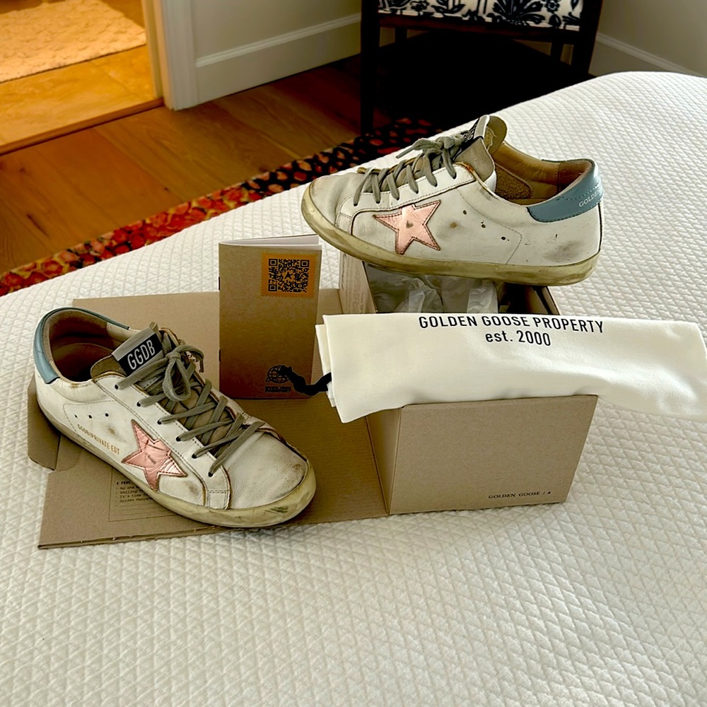 Golden Goose Superstar white leather, ice pink/light blue